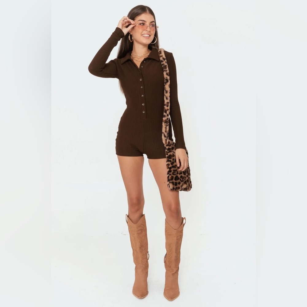 Edikted Brown Kelsey Ribbed Romper